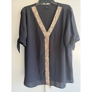 Shein Sheer Slit Tie Sleeve V Neck Leopard Print Chiffon Blouse Womens Size L